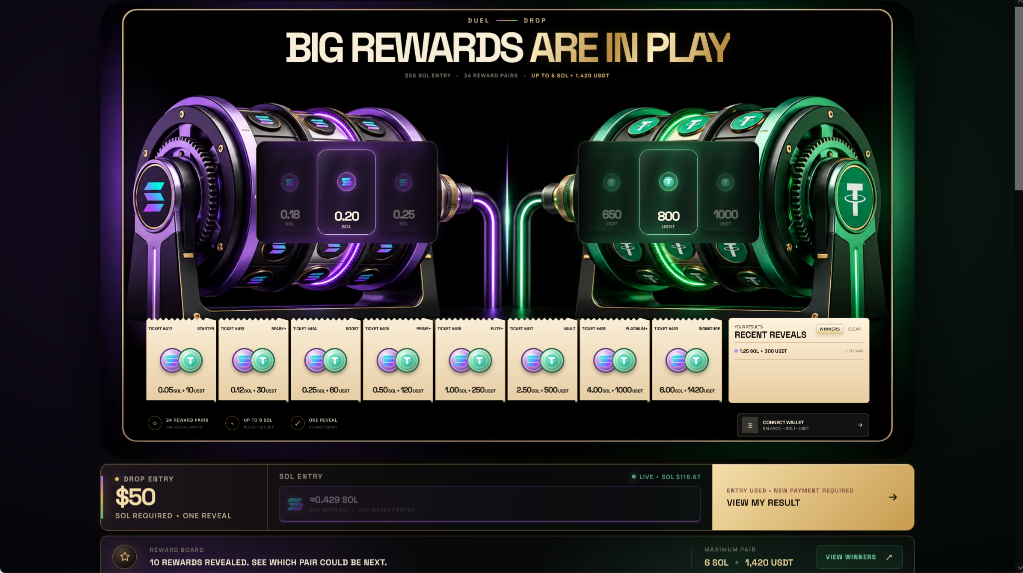 Duel Drop interface showing SOL and USDT reels and displayed ticket cards